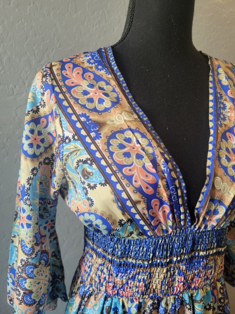 Mauni bohemian-Style dress vibrant blue paisley print smocked waist High Low - Picture 4 of 12